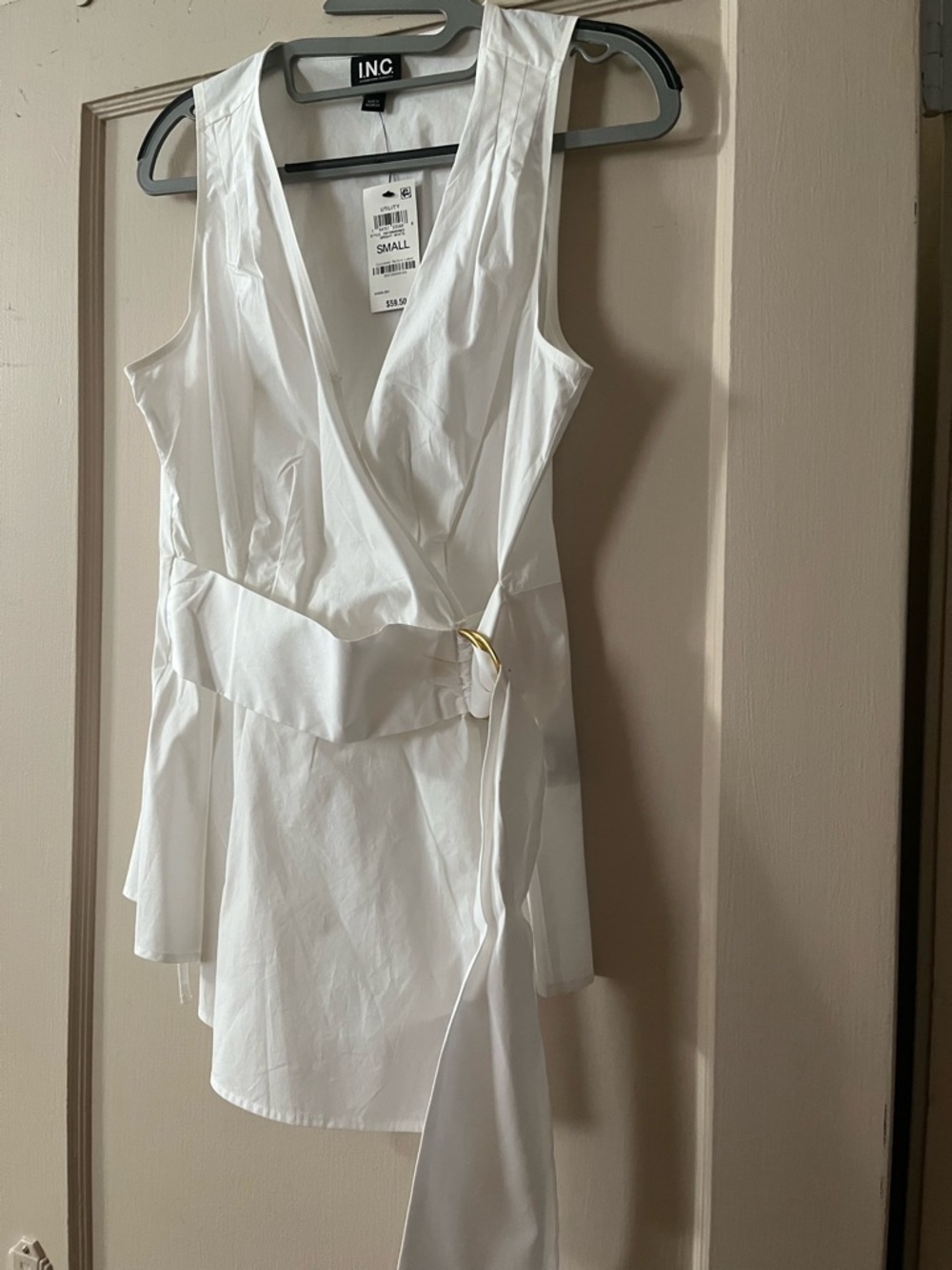 INC International Concepts White Sleeveless Wrap Blouse with Belt